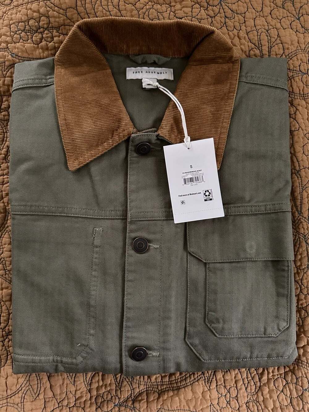 Free Assembly Men's Green Workwear Chore Jacket with Corduroy Collar, Size S New - Picture 3 of 5